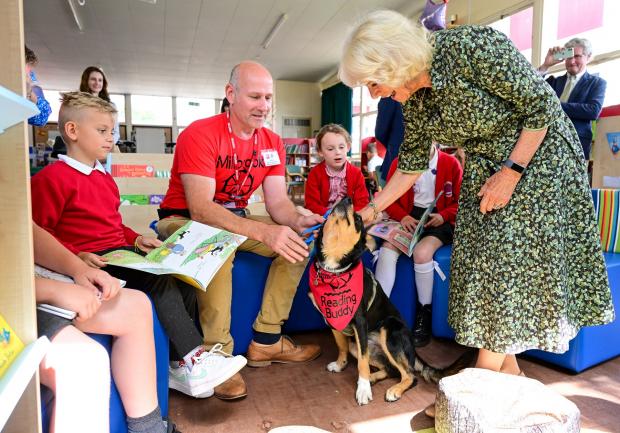 South Wales Argus: The Duchess of Cornwall meets school dog Taliesin at Millbrook Primary School in Bettws, Newport.  Credit: Finbarr Webster/PA Wire