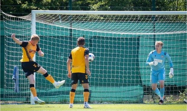 South Wales Argus: Will Evans scoring against Hungerford Town. Picture: Newport County AFC.