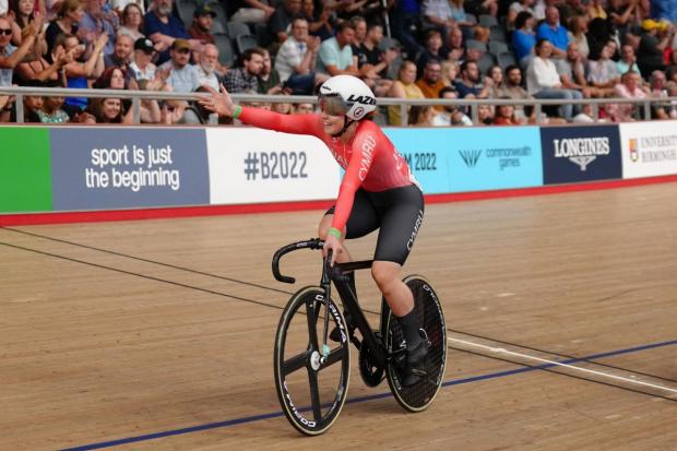 Wales' Emma Finucane celebrates finishing third and winning bronze in the Women's Sprint Finals at Lee Valley VeloPark on day two of the 2022 Commonwealth Games in London. Picture: John Walton/PA Wire