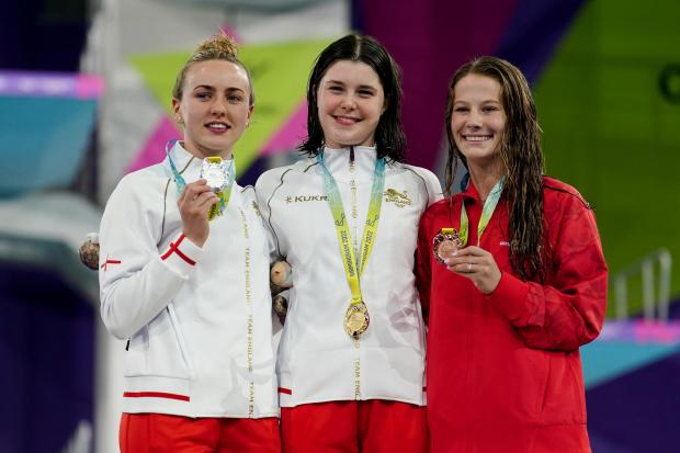 South Wales Argus: England’s Andrea Spendolini Sirieix (centre) with her Gold Medal, England’s Lois Toulson with her Silver Medal (left) and Canada’s Caeli McKay with her Bronze Medal after the Women’s 10m Platform Final at Sandwell Aquatics Centre on day seven of the 2022 Commonwealth Games. Credit: PA