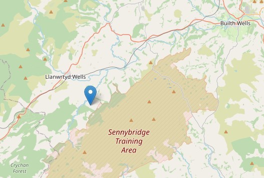A small earthquake recorded four miles south of Llanwrtyd Wells on October 27, 2022. Image by Open Street Map