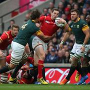 KNOCKOUT BLOW: Wing George North is tackled in Wales’ quarter-final loss to South Africa four years ago