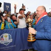 HERO: Team Europe captain Thomas Bjorn celebrates with the Ryder Cup at Le Golf National in 2018