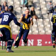 Glamorgan's Graham Wagg (centre) celebrates taking the wicket of Hampshire's Adam Wheater (right) during the Clydesdale Bank Pro40 Semi Final match at the Ageas Bowl, Southampton. PRESS ASSOCIATION Photo. Picture date: Saturday September 7, 2013.