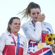 An emotional Hannah Mills and Eilidh McIntyre on the medal podium