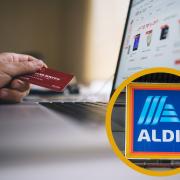 (background) person online shopping (Canva) (foreground) Aldi logo(PA)