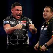 RELIEF: Gerwyn Price celebrates during his match against Kim Huybrechts