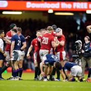 Wales players celebrate as they win a late penalty during the Guinness Six Nations match at the Principality Stadium, Cardiff. Picture: PA