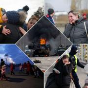 Scenes from Ukraine's borders, where thousands of people are fleeing an invading Russian force (inset). Pictures: AP Photo