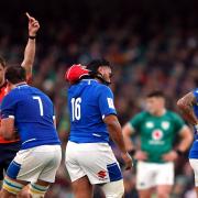 Italy's Hame Faiva (no.16) is shown a red card during the Guinness Six Nations match at the Aviva Stadium, Dublin. Picture: PA