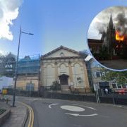 The distinctive facade of the former Zanzibar nightclub will be retained under plans to build 37 affordable homes on the site in Stow Hill, Newport. Picture: Google. Inset: The fire in 2018