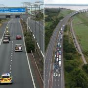 Protesters have been causing delays and disruption on the M4 over the rising cost of fuel. Pictures: PA Wire (left)/@wro_diana via Twitter (right)