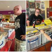Left: Dealer John Hayward explains a point to record enthusiast Peter Barnes. Right: Jen Adams of Outback Vinyl helps collector Maria Scragg find a treasure.