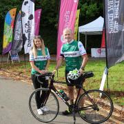 Tania Ansell, of St David's Hospice Care, and Martin Atkinson at the start of the Tour de Gwent 2022. Picture: DBPR
