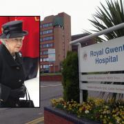 Queen Elizabeth II and (background) the Royal Gwent Hospital in Newport. Picture (inset): PA Wire