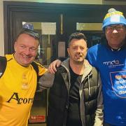 John Hughes and Julian Alsop with former County player Jason Bowen, who is living with MND, who they met up with in Langstone during their walk from Bristol to Rodney Parade to help raise funds for him