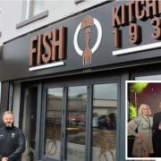 Lee Humphreys (right) and Cllr Jamie Pritchard at the new Fish Kitchen 1931 in Bargoed and (inset) Mr Humphreys' team at the National Fish and Chip Awards.