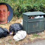 Fly-tipping in a lay-by near the Chapel of Ease in Abercarn. Inset: Cllr Jamie Pritchard. Picture: Caerphilly Observer