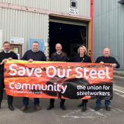 There are concerns over the future of steel in Llanwern (L-R: Rob Edwards, John Ford, John Griffiths MS, Jessica Morden MP,  Reggie Gutteridge)