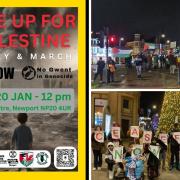 Newport Palestinian Solidarity Campaign poster for Saturday's rally along with turnuout at previous marches