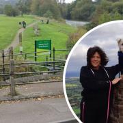 Castle Meadows, Abergavenny and inset Jo Waters with dogs Jimmy and Eva (right)