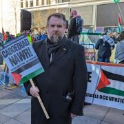 Peredur Owen Griffiths MS at a ceasefire rally in Cardiff