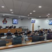 Caerphilly County Borough Council budget meeting at Ty Penallta. Credit: LDRS