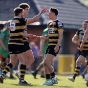 DELIGHT: Newport celebrate Che Hope's try against Ebbw Vale