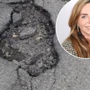 A stock image of a pothole and inset, Cllr Lisa Dymock.