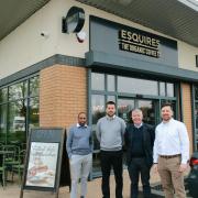 Rashid Habib (Esquires), Philip Gwyther (EJ Hayles) Ben Davies (Cooke & Arkwright) are celebrating Esquires arrival at Celtic Springs Retail Park