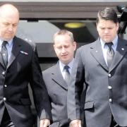 FIREFIGHTERS: Simon Bevan, Jason Donaldson and Darren Austin at Newport Crown Court yesterday