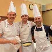 Pancake competition. Newport County represented by Lenny Pidgley, Jamie Stevens and assistant manager Jimmy Dack. (4397988)