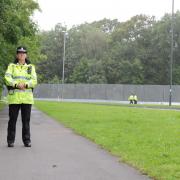 Police have blocked off pedestrian access to Coldra Roundabout.  Pictured is a Police officer from Lancashire Constabulary on the pedestrian path at Chepstow Road. (9800243)