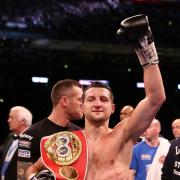 File photo dated 31/05/2014 of Carl Froch celebrating with his belt after knocking down George Groves during the IBF and WBA World Super Middleweight Title fight at Wembley Stadium, London. PRESS ASSOCIATION Photo. Issue date: Tuesday February 3, 2015.