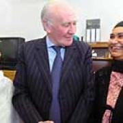 ELECTION TALK: Sir Menzies Campbell, leader of the Liberal Democrats talking to Nazma Hussain, left, chair of NBWA, and  its treasurer Jotsna Begum at the Bangladeshi community office in Newport