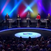 L-R Huw Edwards, Carwyn Jones, Labour, Alice Hooker-Stroud, Green Party, Nathan Gill, Ukip, Leanne Wood, Plaid Cymru, Andrew RT Davies, Conservatives, and Kirsty Williams, Liberal Democrats, Image copyright BBC.