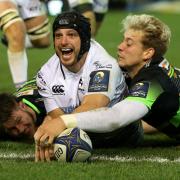GREAT WIN: Dan Evans scoring a try in the Ospreys' superb win at Northampton