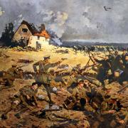 The painting of the Battle of Frezenburg Ridge which hangs in Newport Civic Centre. Captain Harold Thorne Edwards and men of the 1st Battalion, Monmouthshire Regiment stands at the centre, firing at the enemy.