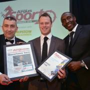 GOOD TIMES: Michael Flynn, centre, winner of the sports personality of the year award, presented by Chepstow Racecourse chief Phil Bell and Linford Christie. Picture: www.christinsleyphotography.co.uk