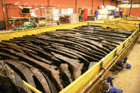 PRESERVATION: Timbers from the Newport ship are kept moist at the site in Maesglas before thay can be safely freeze-dried