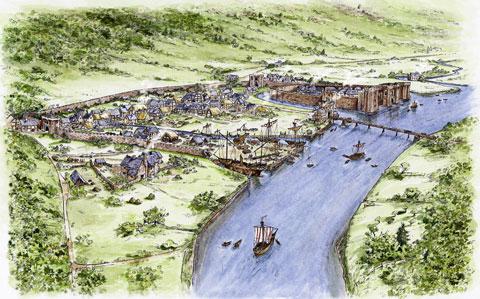RECONSTRUCTION: Artist's impression of medieval Newport at the time the ship would have worked. By Anne Leave and Bob Trett - Friends of Newport Ship.