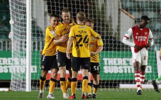 Newport County AFC celebrate scoring against Arsenal Under-21s in last season's EFL Trophy. Picture: Huw Evans Picture Agency.