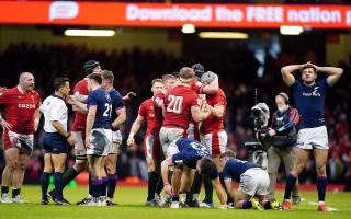 Wales players celebrate as they win a late penalty during the Guinness Six Nations match at the Principality Stadium, Cardiff. Picture: PA