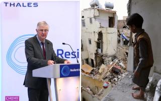 First Minister Mark Drakeford speaks at the opening of the Welsh Government's partnership project with Thales Group and right devastation in the Yemen. (Pictures: Welsh Government;   Yahya Arhab/European Pressphoto Agency, via Shutterstock)