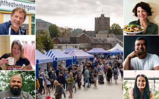 (Clockwise from top left) Matt Tebbutt, Thomasina Miers, Santosh Shah, Michelle Evans-Fecci, Chris Roberts, Felicity Cloake. Pictures: Abergavenny Food Festival