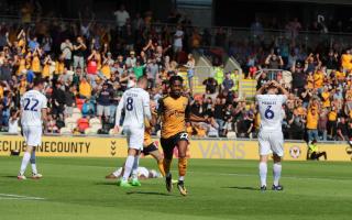 20.08.22 - Newport County v Tranmere Rovers - Sky Bet League 2 - Nathan Moriah Welsh of Newport County  celebrates scoring to equalise at 1-1