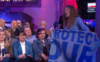Angela has been branded the 'world's politest protester' after interrupting last night's Newsnight in Abergavenny