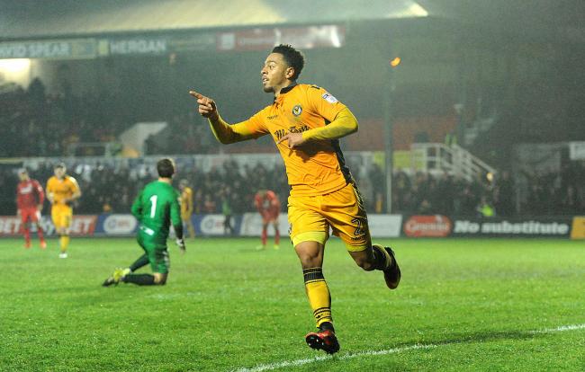 GOAL: Jazzi Barnum-Bobb celebrates after netting Newport County's fourth goal against Alfreton Town. Picture: Huw Evans Agency