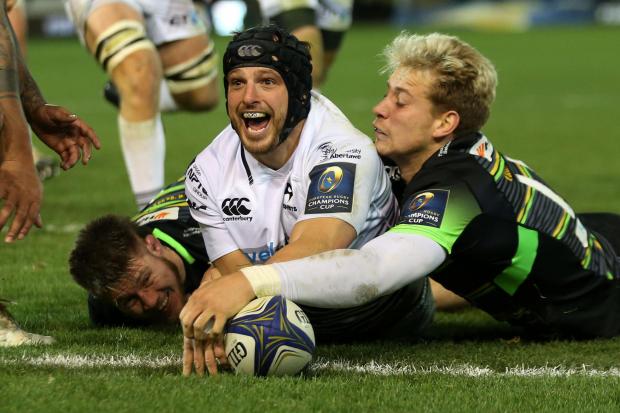 GREAT WIN: Dan Evans scoring a try in the Ospreys' superb win at Northampton